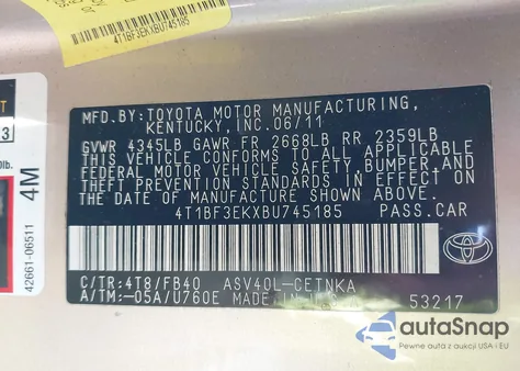 2011 Toyota Camry Le from USA, damaged, VIN 4T1BF3EKXBU745185